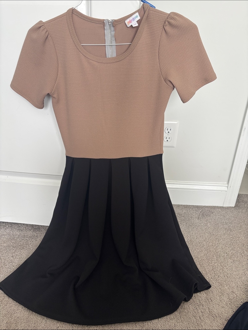 Two-Tone Fit & Flare Lularoe women’s Dress — Tan Top, Black Skirt
